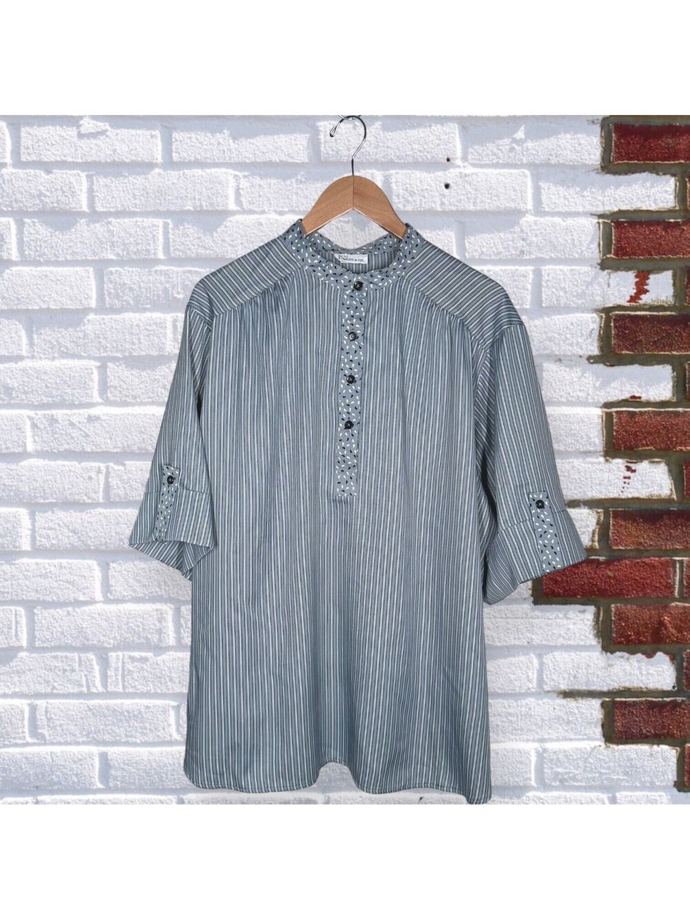 Vintage LEVI'S STRAUSS &CO Pinstripe Popover Shirt Roll Tab Sleeve Gray Relaxed